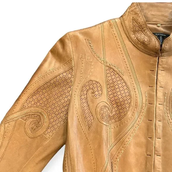 ELIE TAHARI X BERGDORF GOODMAN Cognac Ornate Leather Jacket, Size Small